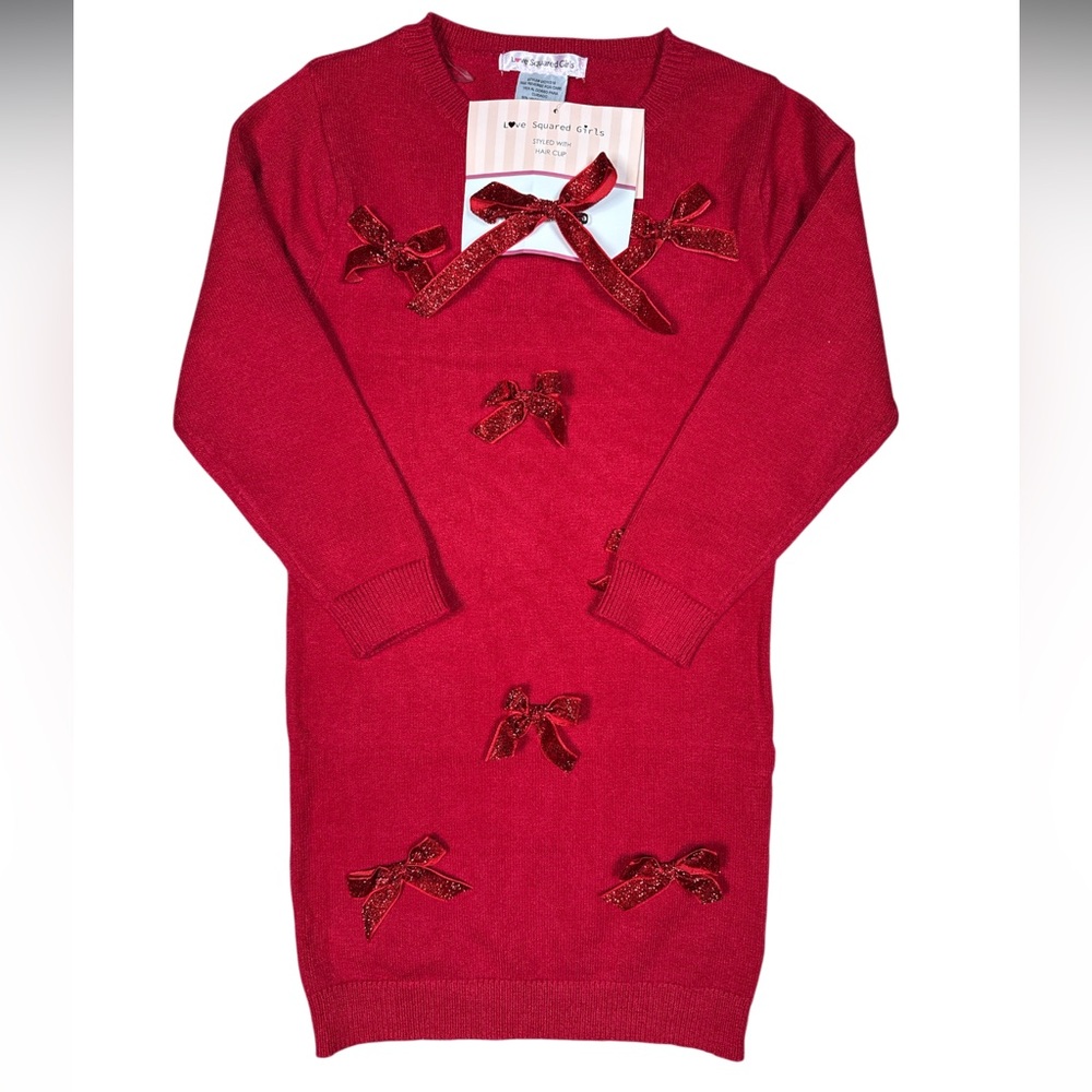 Love Squared Girls Red Sweater Dress with Bow Accents and Bow Hair Clip Size 6X